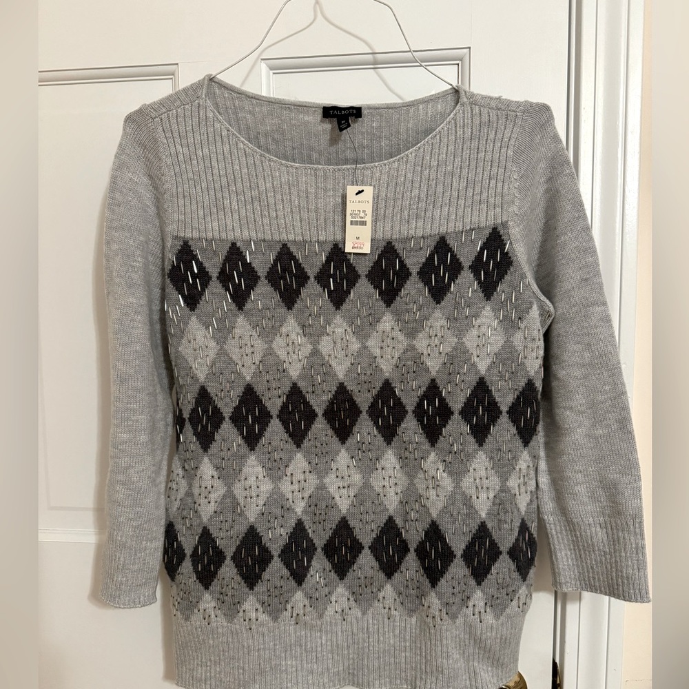Talbots knew with tags.  Women’s argyle sweater